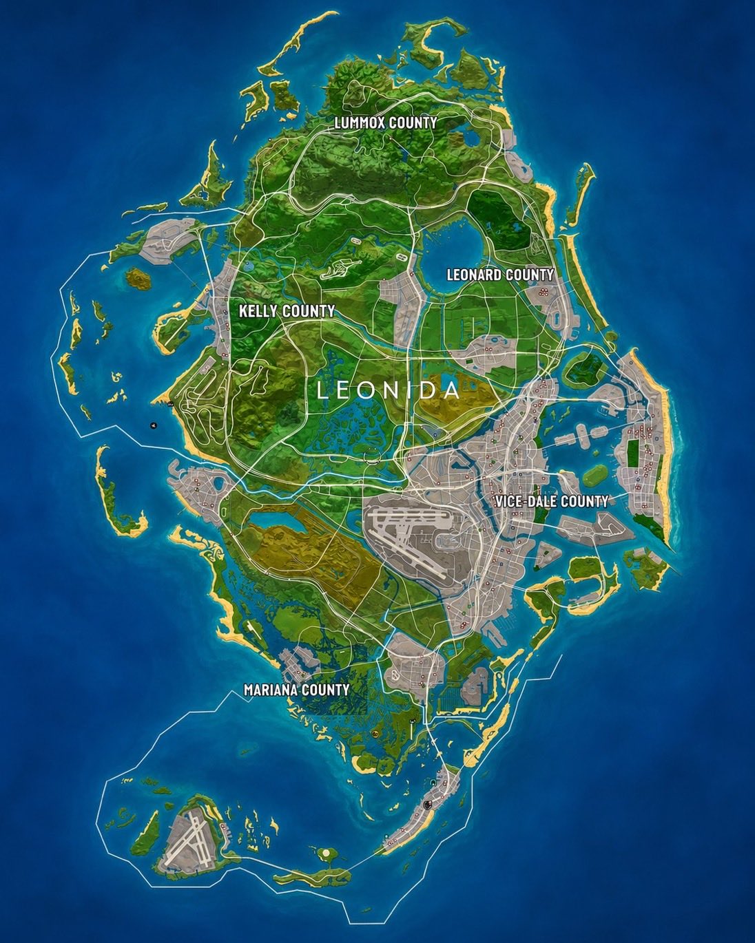 La carte fuitée de Leonida, découpée en cinq comtés : Kelly, Lummox, Leonard, Vice-Dale et Mariana.